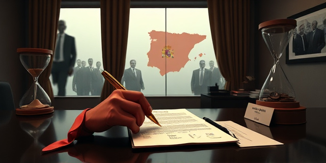 
  Una escena surrealista en un despacho gubernamental: un contrato de alquiler gigante, escrito en tinta roja brillante, flota en el aire mientras una mano invisible (con guante de seda) firma con un bolígrafo de oro. Al fondo, un reloj de arena derrama monedas de cinco euros sobre un mapa de España. En la pared, un espejo distorsiona las imágenes de políticos sonrientes que se convierten en sombras cuando alguien se acerca. La luz entra por una ventana empañada con la palabra ‘CONFIDENCIAL’ escrita en vapor. Sobre el escritorio, un sobre con ‘5.000.000 €’ y un letrero que dice ‘PRESTAMO SIN INTERÉS (para amigos)’. El ambiente huele a papel quemado y a café frío. Estilo: fotografía periodística de investigación mezclada con arte conceptual oscuro, paleta de rojos oxidados, azules institucionales y negros profundos.