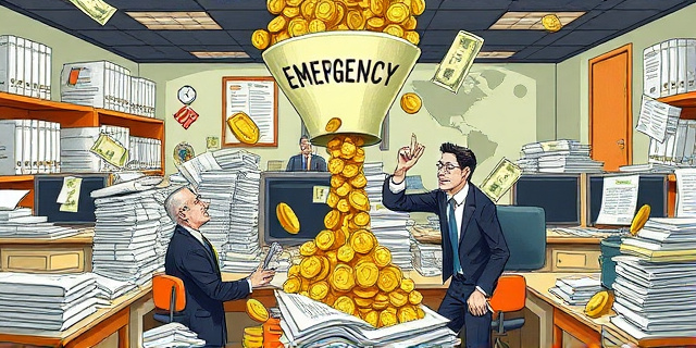 Una ilustración satírica de estilo editorial. Una oficina gubernamental caótica donde una montaña de papeles y formularios desborda los escritorios. Un funcionario exhausto intenta detener una cascada de monedas de oro que caen de un embudo gigante etiquetado como 