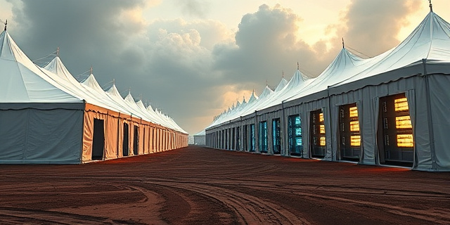 Una ilustración satírica y detallada de un paisaje industrial en Ohio donde enormes carpas de lona blanca, similares a almacenes temporales, albergan racks de servidores brillantes y futuristas. El contraste entre el suelo de tierra y barro con la alta tecnología de los chips de IA. Estilo editorial, colores contrastados, atmósfera de urgencia corporativa.