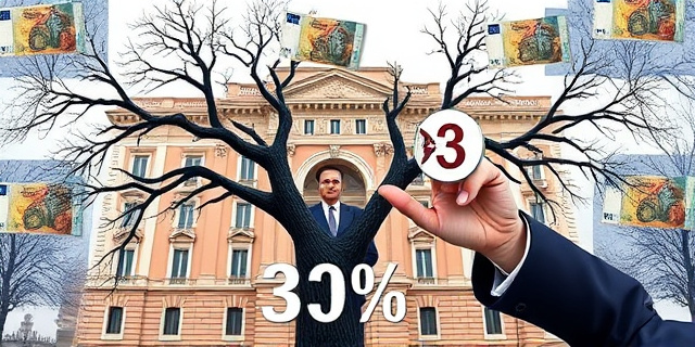 Una ilustración satírica de estilo editorial. Un edificio gubernamental imponente en Madrid que se transforma parcialmente en un árbol genealógico donde las ramas son billetes de euro. En primer plano, una mano invisible en traje sostiene un porcentaje de 