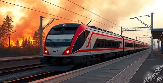 Imagen de un tren AVE detenido en una estación con incendios forestales al fondo