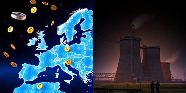 Una ilustración conceptual y satírica. En un lado de la imagen, un mapa de Europa brillante y tecnológico con modernos reactores nucleares y monedas de euro gigantes cayendo como lluvia. En el otro lado, una pequeña sección representando a España, donde se ve una central nuclear antigua siendo desmontada pieza a pieza por obreros, con un aire de nostalgia y obsolescencia. Estilo editorial de revista económica, colores contrastados entre el azul eléctrico del futuro y el ocre del desmantelamiento.