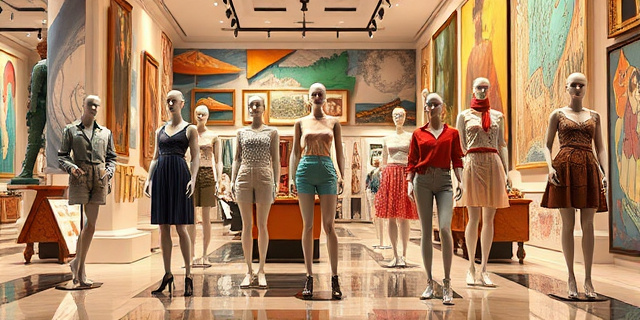 Un espacio de museo con mannequines de diferentes tallas y formas, rodeados de obras de arte y prendas de ropa, con un fondo de colores brillantes y texturas variadas.