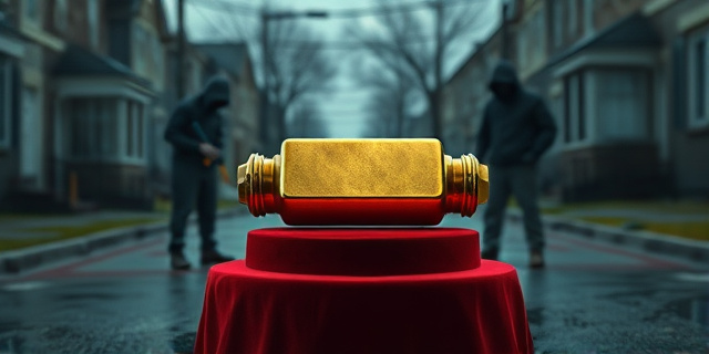 Una ilustración conceptual y satírica. Un primer plano de un catalizador de coche brillante como si fuera un lingote de oro, colocado sobre un pedestal de terciopelo rojo en medio de una calle suburbana nocturna y gris. Alrededor, sombras difusas de figuras con capuchas y herramientas, estilo arte digital con contrastes fuertes entre el dorado y el gris urbano.