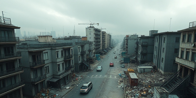 Una vista aérea y ligeramente distópica de una ciudad con edificios grises y descoloridos. Las calles están llenas de contenedores desbordados y basura acumulada. El cielo es nublado y amenazante, con un ligero tono verdoso. El estilo artístico debe ser realista pero con toques de surrealismo, evocando una sensación de abandono y desidia. Predominan los tonos grises, marrones y verdes apagados, con destellos de color en la basura para resaltar la decadencia. La composición debe ser equilibrada y transmitir una sensación de opresión y desesperanza.