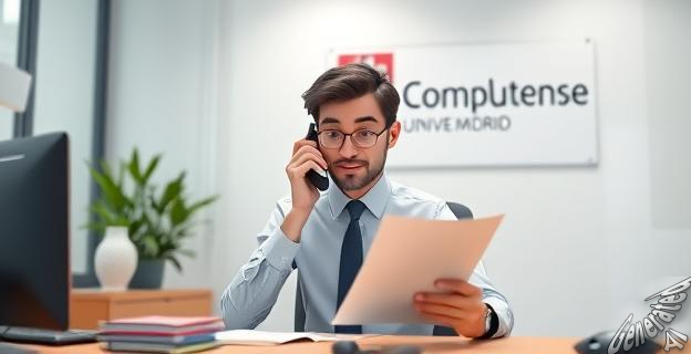 Una persona en un despacho revisando documentos y hablando por teléfono, con un logo de la Universidad Complutense de Madrid al fondo.