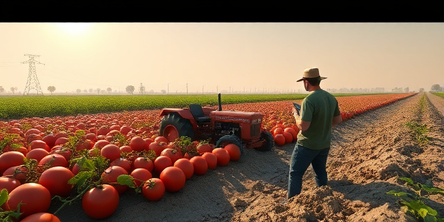 Un campo de tomates rojos bajo el sol, un tractor medio enterrado en la tierra, un agricultor mirando una pantalla de móvil con el precio 0,80 €/kg, sin rostros visibles, con un fondo de carreteras rurales.