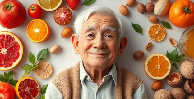 Imagen de una persona mayor con expresión de bienestar, rodeada de frutas rojas, cítricos, vegetales, té verde, nueces y semillas, con ropa de algodón y usando jabón suave.
