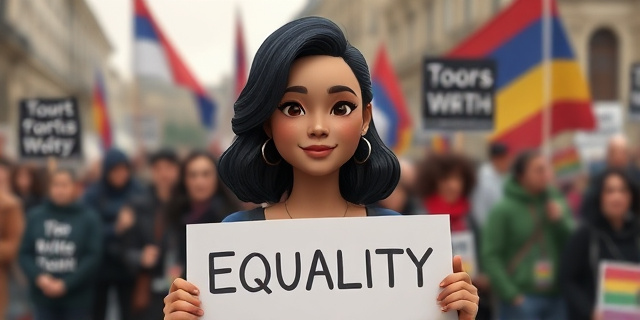 Una imagen de una mujer con un cartel que dice 