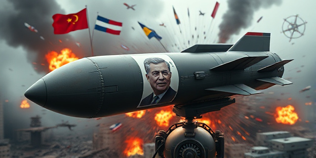 Una imagen de un misil balístico con una pegatina que muestra la cara de un político, rodeado de símbolos y banderas de diferentes países, con un fondo de destrucción y caos.