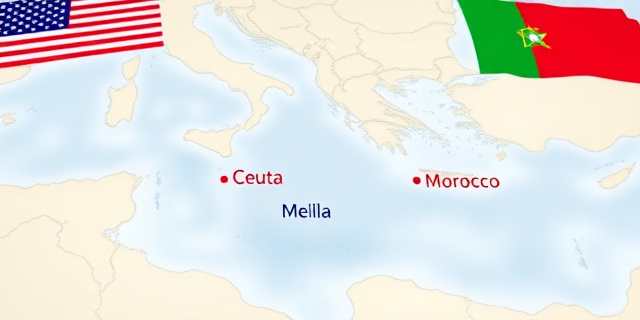 Una imagen de una carta de navegación con Ceuta y Melilla marcadas en rojo, rodeadas de un mapa de Marruecos y España, con un fondo de banderas de EEUU y Marruecos