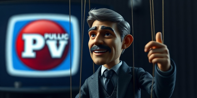 Imagen conceptual: Un monitor de televisión distorsionado con dos logotipos superpuestos (uno claro, otro borroso). El fondo es una multitud protestando pacíficamente. Estilo: Pintura al óleo con colores oscuros y contrastados, evocando la confusión y la manipulación. Textura gruesa y pinceladas expresivas.