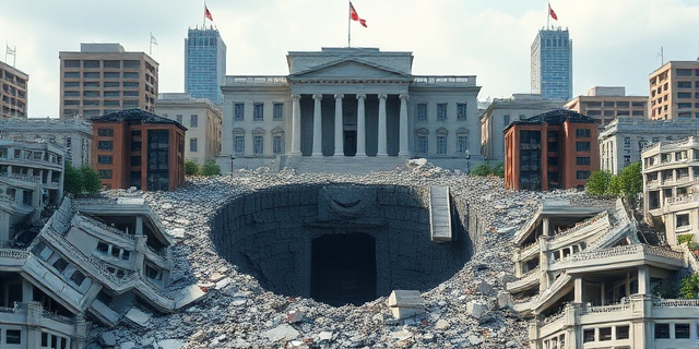 Una imagen de una ciudad destruida con un gran agujero en el centro, rodeada de escombros y restos de edificios derrumbados. En el fondo, un edificio del gobierno con una gran sonrisa en la fachada.