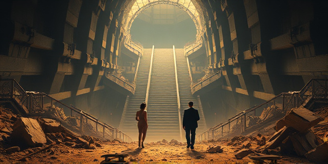 Una ilustración conceptual de un búnker subterráneo colosal y brutalista, con escaleras infinitas que se pierden en la oscuridad. En primer plano, dos siluetas elegantes de los años 50 caminando entre escombros de una ciudad irradiada, contrastando la opulencia del poder político con la desolación de un mundo post-apocalíptico. Estilo cinematográfico, tonos ocres y cenizos, iluminación dramática.
