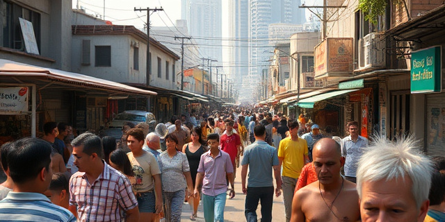 Un paisaje urbano en un día de verano, con calles llenas de gente sudorosa, vendedores ambulantes que intentan refrescarse con abanicos, y edificios cubiertos de paneles solares. La atmósfera es densa, con un brillo tenue que sugiere una temperatura alta y una humedad palpable, sin mostrar caras específicas.
