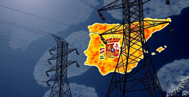 Una imagen de una torre de alta tensión con un fondo de mapa de España, mostrando zonas de saturación en la red eléctrica.