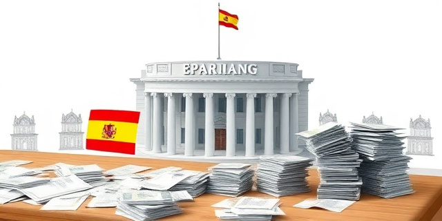 Un gráfico que muestra un edificio del Gobierno español con una gran cantidad de fondos UE en una mesa, pero con una gran cantidad de papeles y documentos sin orden ni concierto, simbolizando la falta de gestión y control.