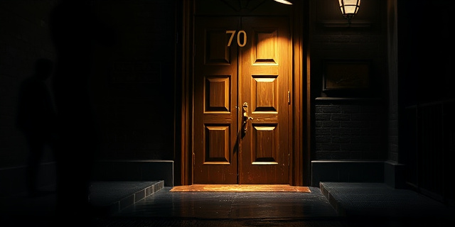 Una calle oscura y húmeda, iluminada por un único foco que ilumina una puerta imponente con un número 70 grabado. La puerta tiene una cerradura antigua y un aspecto amenazante. En el fondo, sombras que sugieren figuras acechando. Estilo cinematográfico noir, alta resolución.