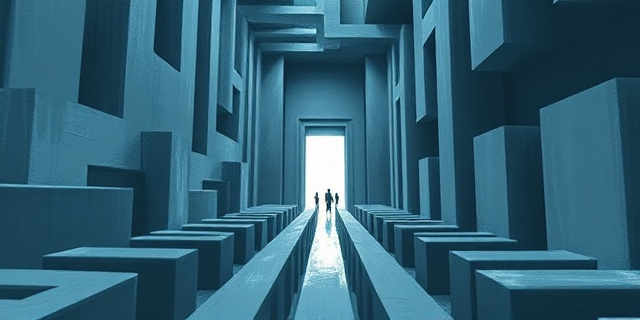 Una imagen conceptual que represente un laberinto burocrático con figuras humanas diminutas intentando encontrar la salida. Colores grises y azules apagados, con un foco de luz tenue en la entrada del laberinto. Estilo pictórico, abstracto, con pinceladas expresivas.