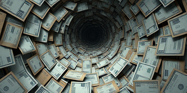 Una espiral descendente hecha de facturas y cartas oficiales, con un laberinto en el centro. Tonos grises y ocres, atmósfera opresiva. Estilo hiperrealista, con texturas desgastadas.