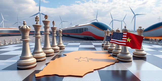 Una ilustración conceptual de estilo editorial. Un tablero de ajedrez gigante situado sobre un mapa de Marruecos. De un lado, piezas de ajedrez con colores de la bandera española que parecen dudar, y del otro, piezas modernas y brillantes con colores de la bandera de EE.UU. avanzando con decisión. Al fondo, un tren de alta velocidad futurista y turbinas eólicas estilizadas. Colores vibrantes, contraste alto, estilo satírico y sofisticado.