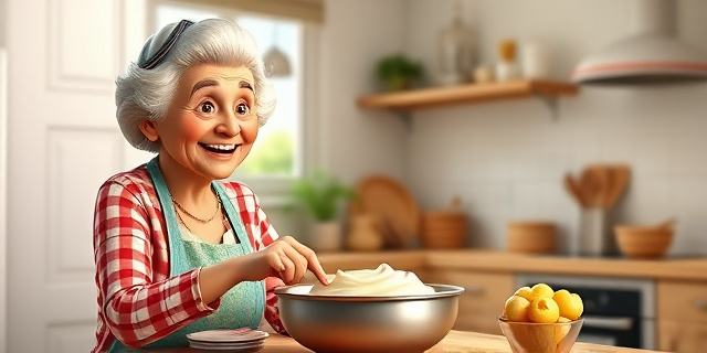 Una abuela cocinera sonriente que enseña a hacer un rebozado perfecto en una cocina casera