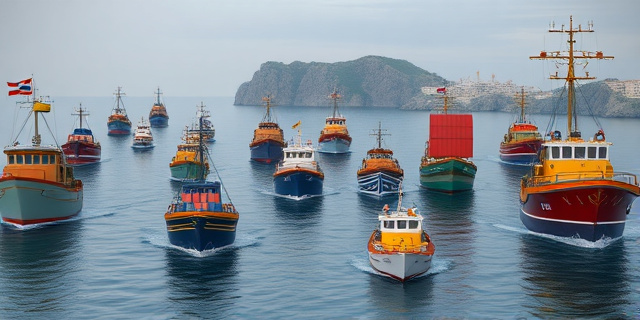 Una escena marítima en la que un grupo de barcos de distintas formas y colores navega en aguas grises, con banderas de colores vibrantes y luces de advertencia. En el fondo, un horizonte de islas griegas con acantilados y puertos. La escena transmite tensión y curiosidad, con barcos grandes y pequeños, algunos con contenedores y otros con cajas de suministros. La atmósfera es de conspiración y misterio, con un cielo ligeramente nublado y reflejos en el agua.