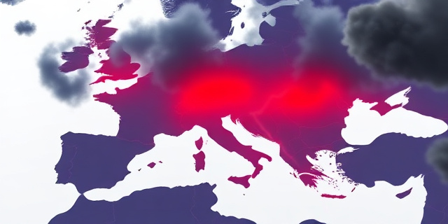 Un mapa de Europa con un destello rojo en la península ibérica, rodeado de nubes oscuras y relámpagos que simbolizan la tensión política