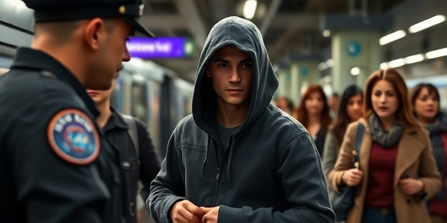 Un joven con capucha es detenido por la policía en una estación de metro, mientras mujeres pasan por el fondo con expresiones de preocupación