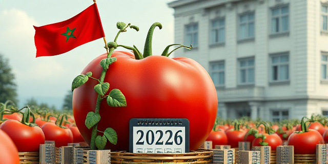 Una ilustración conceptual y satírica. Un tomate gigante con una bandera de Marruecos aplastando una pequeña planta de tomate española y un calendario que marca el paso de los años. Al fondo, un edificio burocrático estilo europeo con ventanas cerradas. Estilo editorial de revista económica, colores contrastados, atmósfera de decadencia agrícola.
