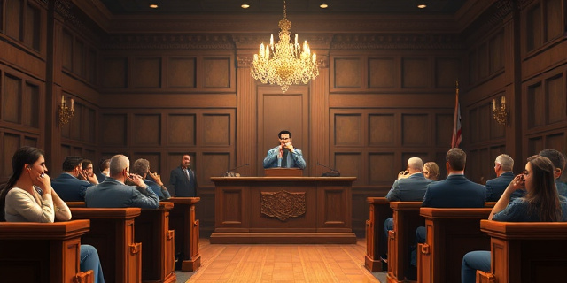 Una sala de tribunal con bancas de madera, una mesa de juez iluminada por una lámpara de araña, gente sentada con expresiones tensas y algunas personas con la mano en la boca, creando una atmósfera de drama y chisme sin mostrar rostros específicos.