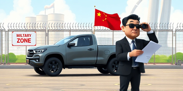 Una ilustración satírica que muestra un coche pick-up militar moderno con una bandera china discreta, estacionado frente a una valla de alta seguridad con un cartel de 