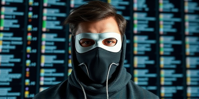 Un hombre con una máscara de escondite, con un fondo de archivos y bases de datos