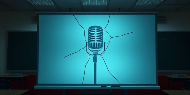 Una pizarra digital rota con grietas que forman la silueta de un micrófono. El fondo es un aula vacía con un ligero desenfoque. Colores oscuros y saturados, estilo cyberpunk melancólico.