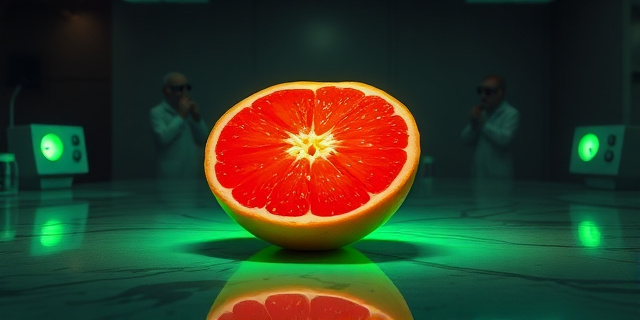 Una ilustración surrealista y satírica que muestra una toronja roja brillante cortada a la mitad sobre una mesa de laboratorio vintage de los años 50. De la fruta emana un suave resplandor verde neón. Al fondo, se ven siluetas de científicos con batas blancas y medidores Geiger, con un estilo artístico que mezcla el realismo con el pop-art retro.