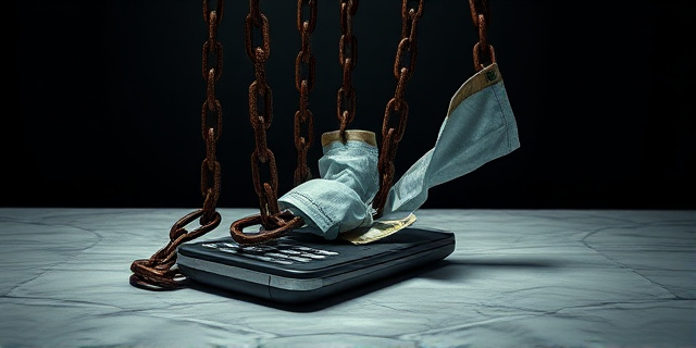 Una ilustración conceptual y satírica. Un teléfono móvil antiguo y roto sobre una mesa de mármol frío. De la pantalla del móvil emergen cadenas oxidadas que se entrelazan con mascarillas quirúrgicas y billetes de banco arrugados. Fondo oscuro con una luz cenital dramática que evoca un entorno judicial o carcelario, estilo editorial de revista política, colores desaturados.