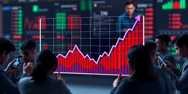 Una imagen de un gráfico de cotización de acciones con una tendencia a la baja, rodeado de personas mirando sus teléfonos móviles con preocupación