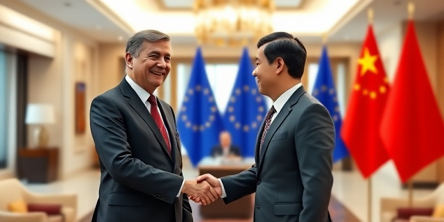 Un expresidente español sonriente, de traje y corbata, estrechando la mano de un hombre de negocios chino en un lujoso salón de hotel, con banderas de la Unión Europea y China detrás de ellos.