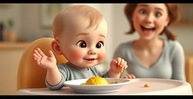 Un niño pequeño sentado en una trona, con comida en el plato y una expresión traviesa, mientras tira un trozo de comida al suelo. La madre está al fondo, con una mezcla de sorpresa y diversión en su rostro.