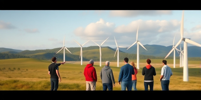 Una imagen de un parque eólico en un paisaje natural, con turbinas de viento girando suavemente en el fondo. Un grupo de personas se reúne en primer plano, discutiendo y señalando hacia el parque.