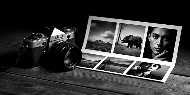 Una composición artística y minimalista que represente la esencia de la fotografía monocromática. Una cámara Leica clásica sobre una mesa de madera rústica, junto a una serie de fotografías impresas en blanco y negro que muestran contrastes fuertes de luz y sombra: un animal salvaje, un paisaje tormentoso y un retrato humano profundo. Iluminación dramática de claroscuro, estilo cinematográfico, alta resolución.