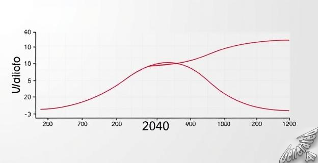 Una imagen de un gráfico mostrando la proyección del modelo World3 con curvas que indican el crecimiento y posterior colapso de la civilización, con el año 2040 marcado en el eje de tiempo.