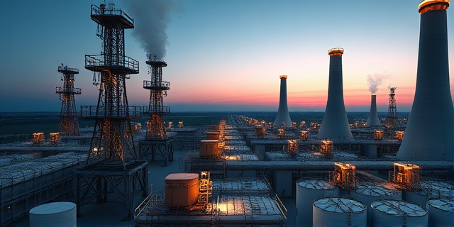 Vista aérea de una central nuclear en plena recarga de combustible, con torres de control iluminadas, cables y equipos de gran altura, trabajadores en ropa de protección moviéndose entre contenedores de combustible, bajo un cielo crepuscular, con una atmósfera de urgencia y precisión.