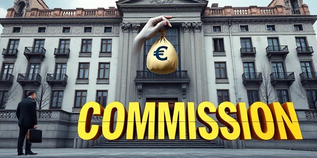 Una ilustración conceptual al estilo editorial satírico. Un edificio gubernamental gris y deteriorado en Madrid, donde una mano invisible y elegante sale de una ventana superior sosteniendo una bolsa de dinero con el símbolo del euro, mientras que en la planta baja, empresarios con maletines miran con escepticismo un contrato donde aparece la palabra 