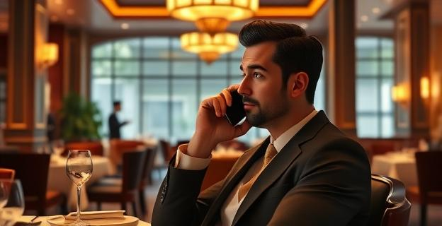 Un hombre sentado en un restaurante de lujo hablando por teléfono, con un ambiente de lujo y discreción. Al fondo, un comedor con mesas bien separadas y camareros atendiendo.