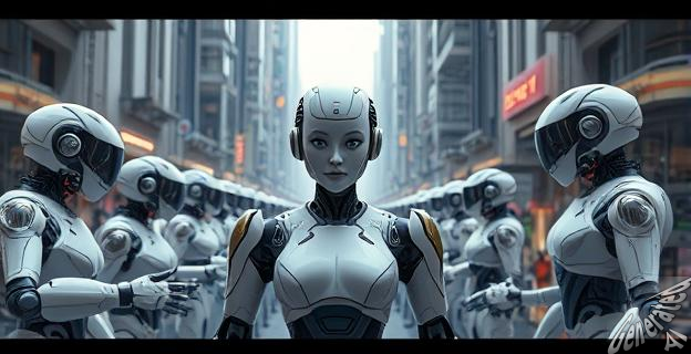 Una ciudad futurista con robots humanoides trabajando en diversas tareas, con una mujer androide destacada en el centro