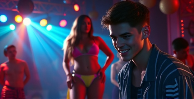 Una escena nocturna de una fiesta con luces de colores y una estríper en el centro del escenario, mientras un joven con rasgos difusos aparece en un segundo plano quitándole el tanga con los dientes. La imagen tiene un tono festivo pero con un ambiente ligeramente tenso en el fondo.