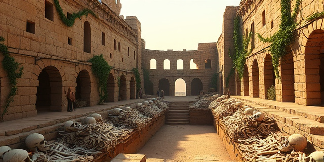 A deserted ancient arena in Jordan, its stone walls crumbling, overgrown with vines. Piles of skeletal remains are stacked in a shallow trench, a faint glow from ancient lamps casting long shadows. The scene is quiet, except for the distant echo of a marketplace long abandoned. The atmosphere is melancholic, with dusty light filtering through broken arches, hinting at a forgotten tragedy.