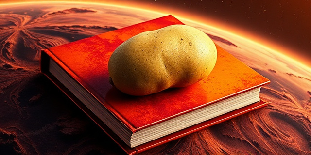 Una edición de un libro con una cubierta brillante que refleja un paisaje marciano naranja y rojizo. Los bordes del libro están salpicados de colores cósmicos como si fueran nebulosas. Una patata gigante flota en el espacio, rodeada de estrellas. Estilo artístico: hiperrealista con un toque de fantasía.
