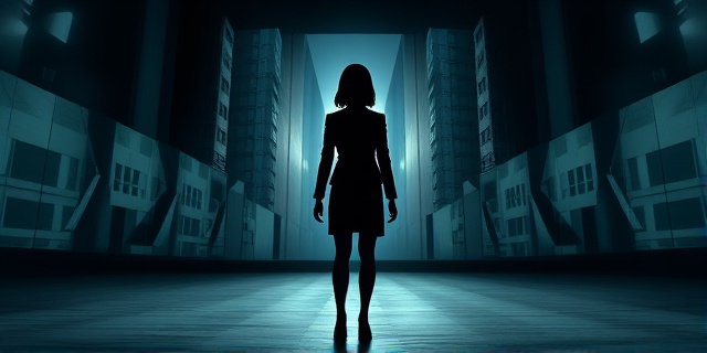 Una silueta femenina vestida con un traje de chaqueta y falda, de pie sobre un escenario vacío. La iluminación es dramática, con sombras profundas que ocultan su rostro. En el fondo, un laberinto de espejos distorsionados refleja imágenes fragmentadas de hospitales y edificios gubernamentales. El estilo es pictórico, con pinceladas gruesas y colores fríos y apagados, evocando una sensación de desconfianza y opresión.